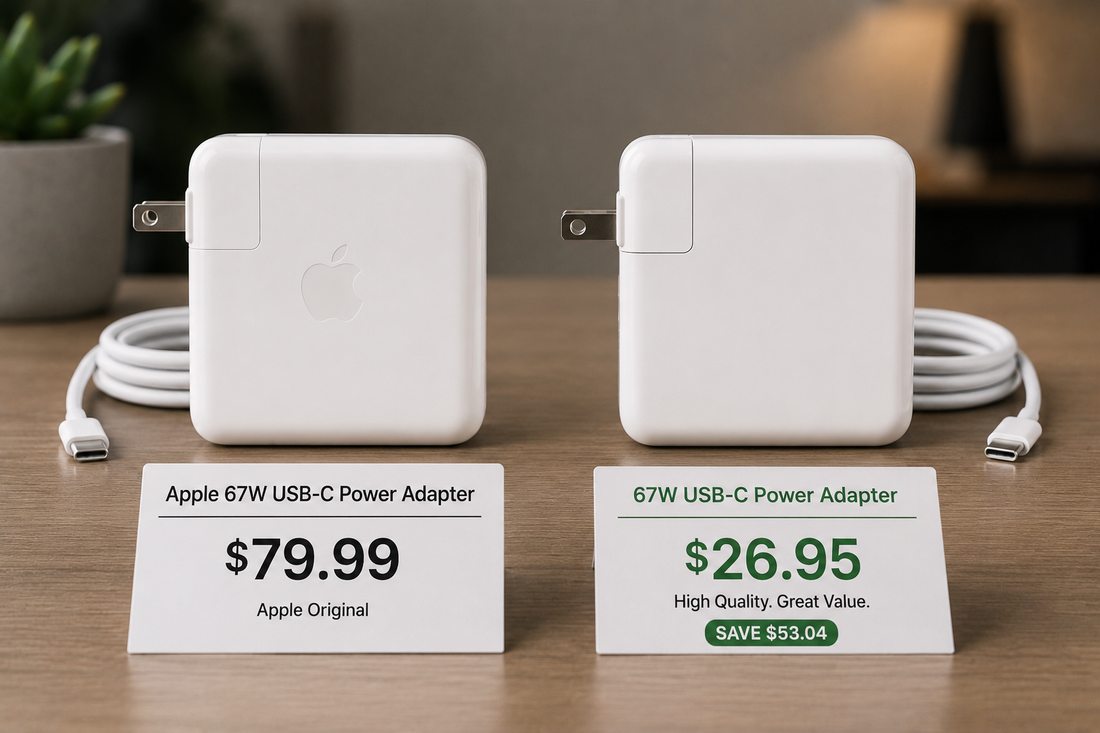 Two USB-C power adapters side by side with price tags showing the cost difference