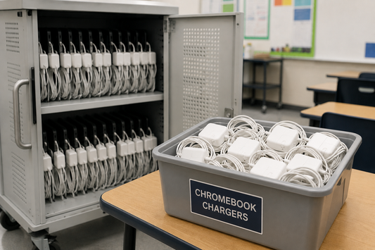 A classroom charging cart of laptops beside a bin labelled Chromebook chargers