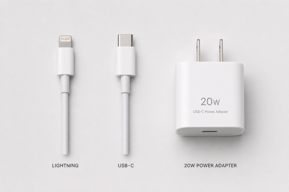 A Lightning cable, a USB-C cable, and a 20W USB-C power adapter laid side by side