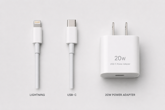 A Lightning cable, a USB-C cable, and a 20W USB-C power adapter laid side by side