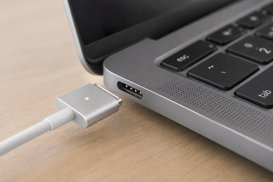A MagSafe connector beside the magnetic charging port on the side of a MacBook
