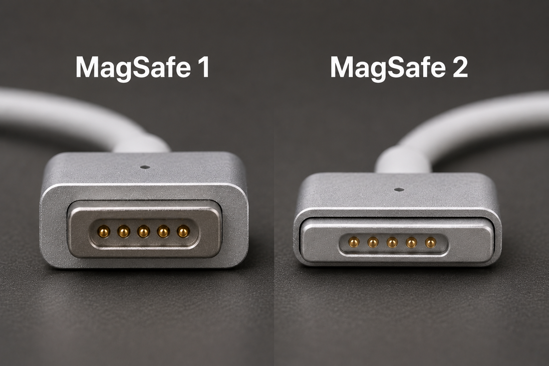 Close-up comparison of a MagSafe 1 connector next to a thinner MagSafe 2 connector