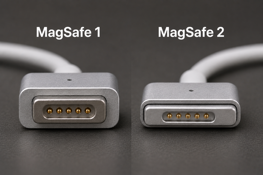 Close-up comparison of a MagSafe 1 connector next to a thinner MagSafe 2 connector