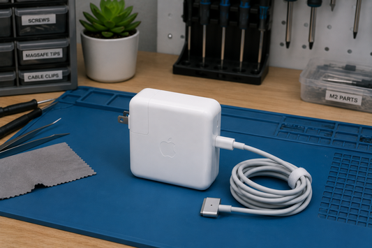 A genuine Apple MagSafe power adapter on a technician's workbench with repair tools