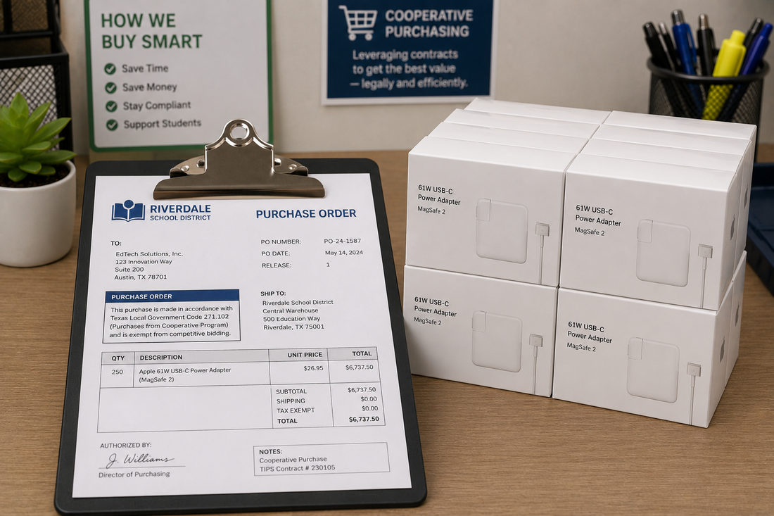 A school district purchase order on a clipboard beside stacked boxes of power adapters