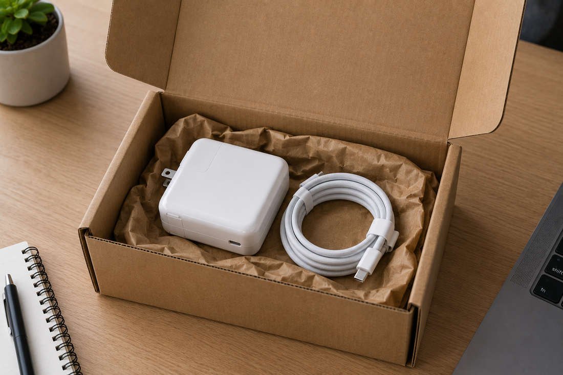 An opened shipping box containing a white USB-C power adapter and charging cable