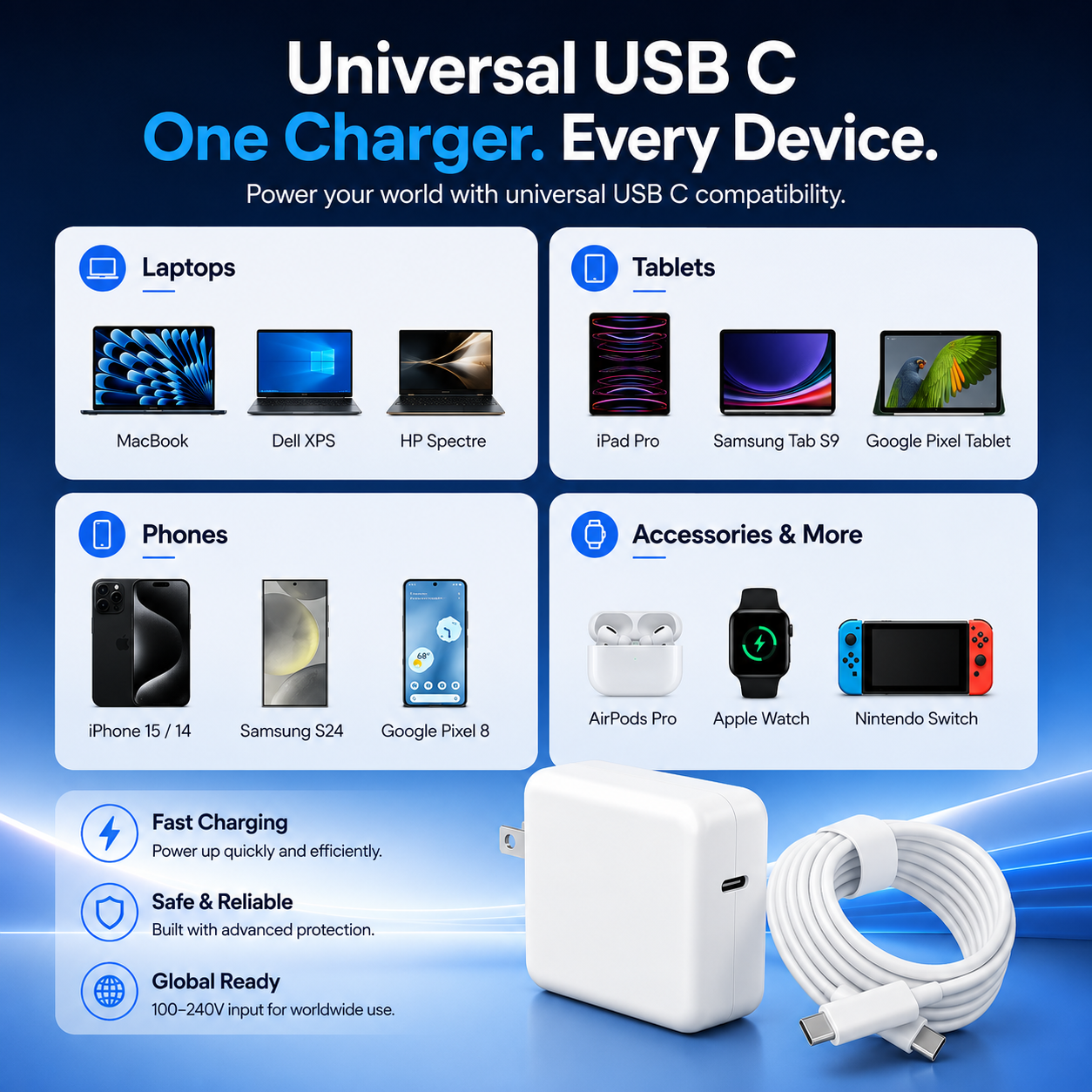 USB-C Adapter 30W, 61W, 87W or 96W (Cable Included)